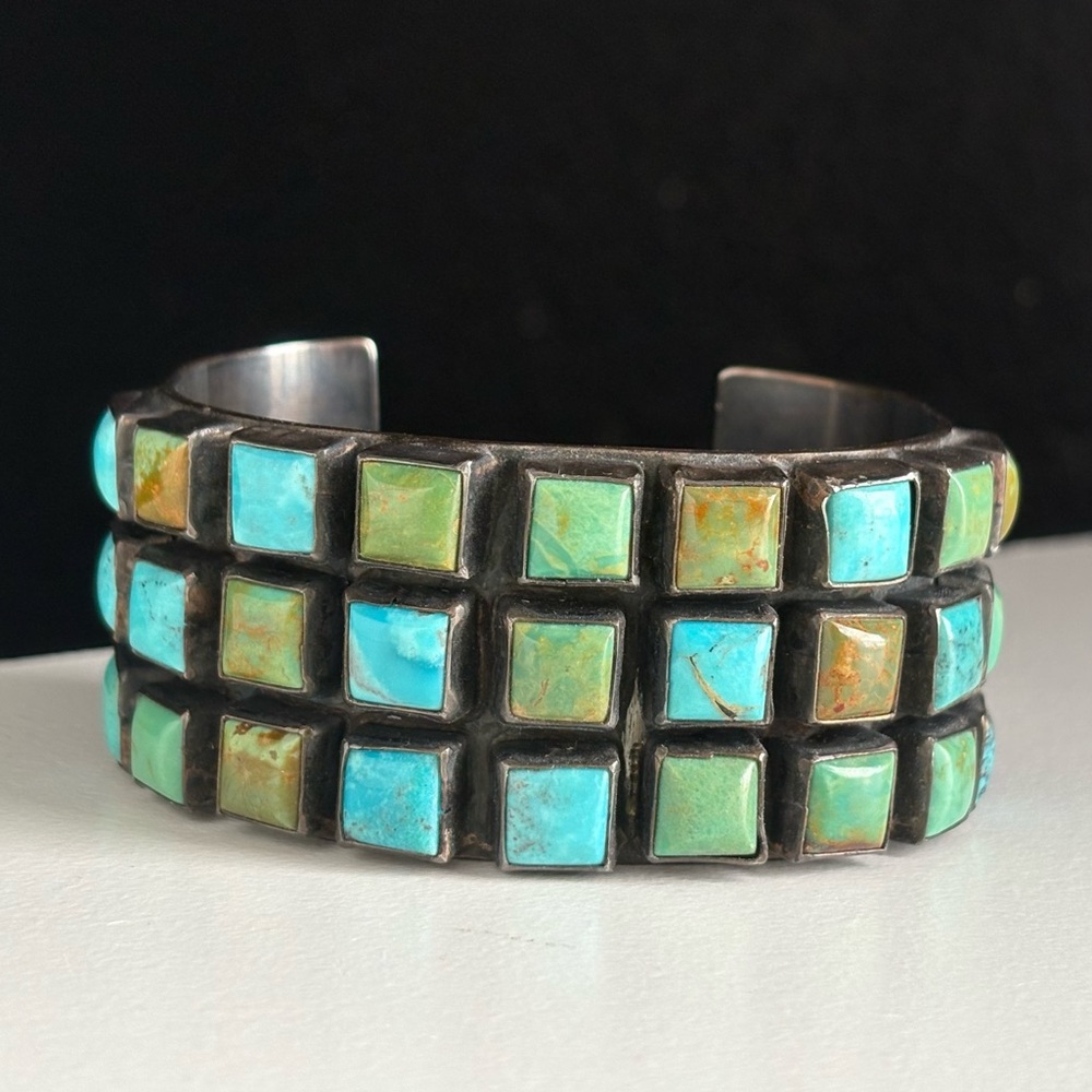 Sterling Silver Zuni Mid Century Mod Square Turquoise Petit Point Row Grid Cuff - Picture 4 of 15